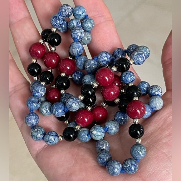 Multi gem jasper onyx gold tone spacer bead long necklace - Picture 3 of 4